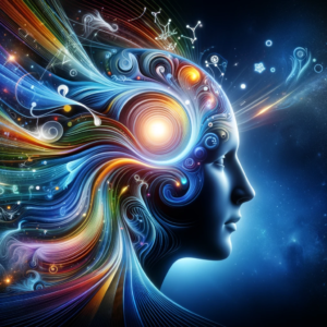 Abstract illustration of a human head with an open mind, emitting flowing waves of light and color symbolizing thoughts, emotions, and creativity. A gentle glow at the forehead represents intuition, set against a deep blue cosmic background with subtle stars, evoking the concept of emotional intelligence guiding imagination and intuition.